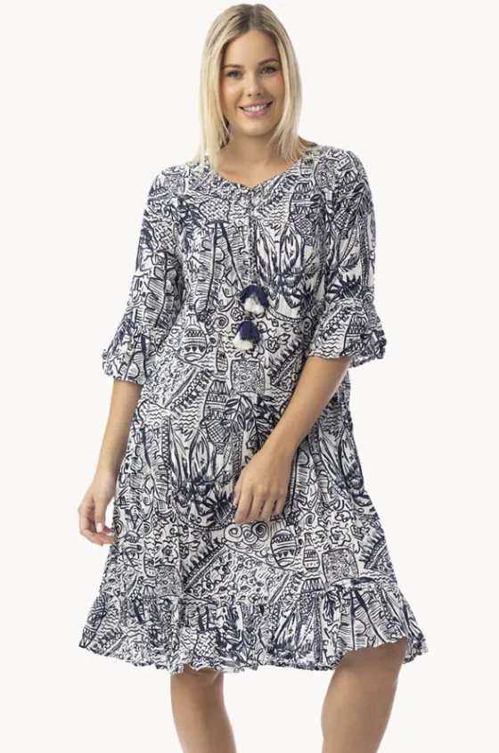 Dresses^Orientique Aksharay Frill Sleeve Pleat Dress Navy