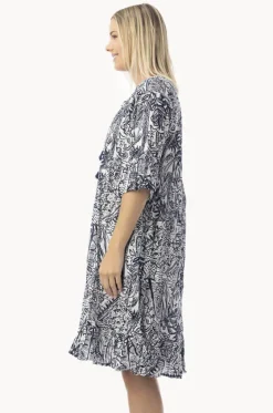 Dresses^Orientique Aksharay Frill Sleeve Pleat Dress Navy