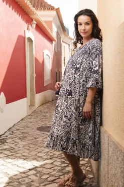 Dresses^Orientique Aksharay Frill Sleeve Pleat Dress Navy