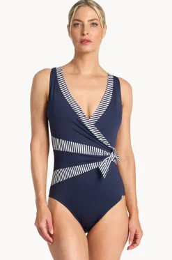 One Pieces^Jantzen Anchor Stripe Sash Surplice One Piece Navy