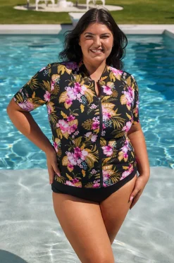 Rashies & Sunsuits^Capriosca Caribbean Short Sleeve Suntop Black/pink