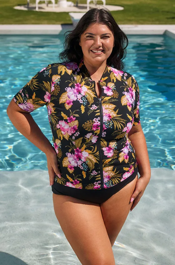 Rashies & Sunsuits^Capriosca Caribbean Short Sleeve Suntop Black/pink