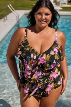 Tankini Tops^Capriosca Caribbean Tiered Frill Tankini Separate Black/pink