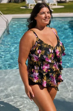 Tankini Tops^Capriosca Caribbean Tiered Frill Tankini Separate Black/pink