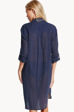 Overswim^Seafolly Crinkle Twill Beach Shirt Indigo