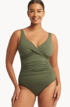 One Pieces^Sea Level Eco Essentials Cross Front One Piece Khaki