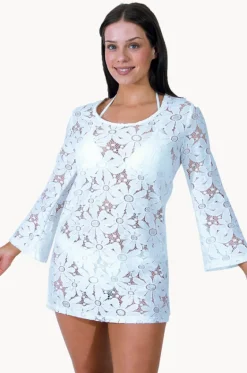 Overswim^J.valdi Floral Crochet Bell Sleeve Tunic WHITE
