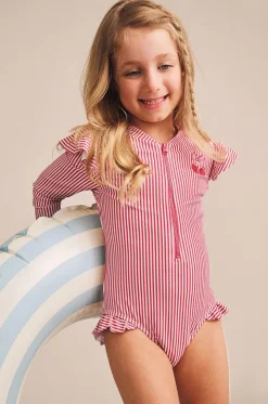 Rashies & Sunsuits^Huxbaby Girls Pie Stripe Frill Sunsuit Cherry