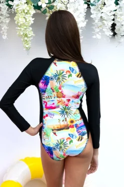 Rashies & Sunsuits^Salty Ink Girls Summer Vacay Long Sleeve Sunsuit Black/Multi