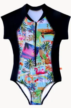 Rashies & Sunsuits|Rashies & Sunsuits^Salty Ink Girls Summer Vacay Short Sleeve Sunsuit Black/multi
