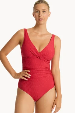 One Pieces^Sea Level Honeycomb Cross Front One Piece Red
