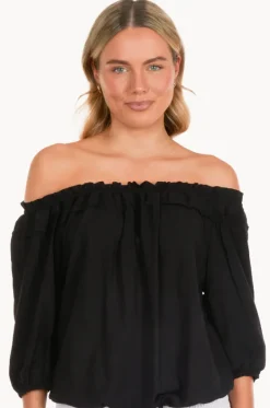Tops^Bodacious Leaf Peasant Top Black