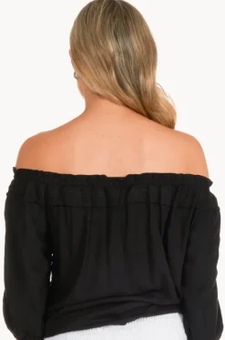 Tops^Bodacious Leaf Peasant Top Black