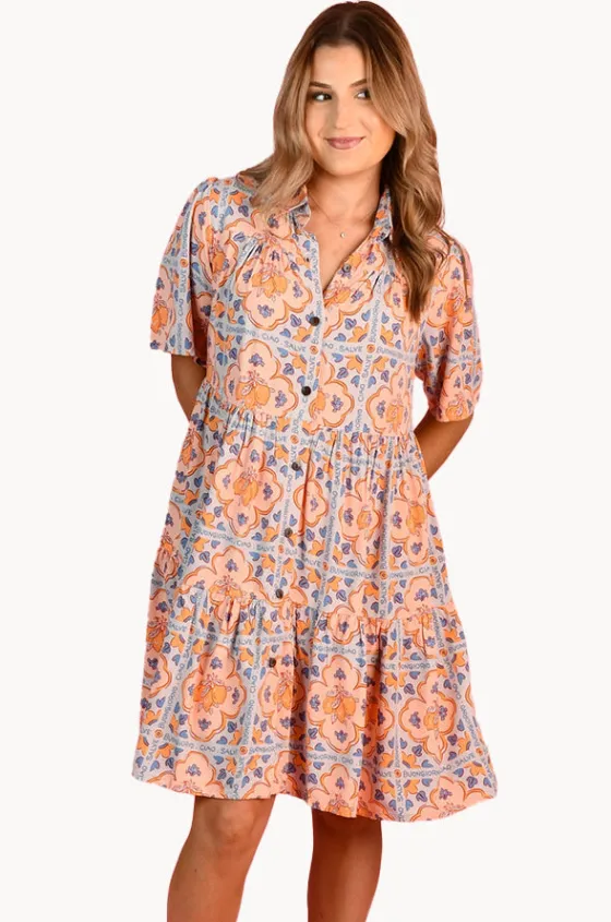 Dresses^Go Girl Lemon Tile Victoria Button Dress Blue/yellow