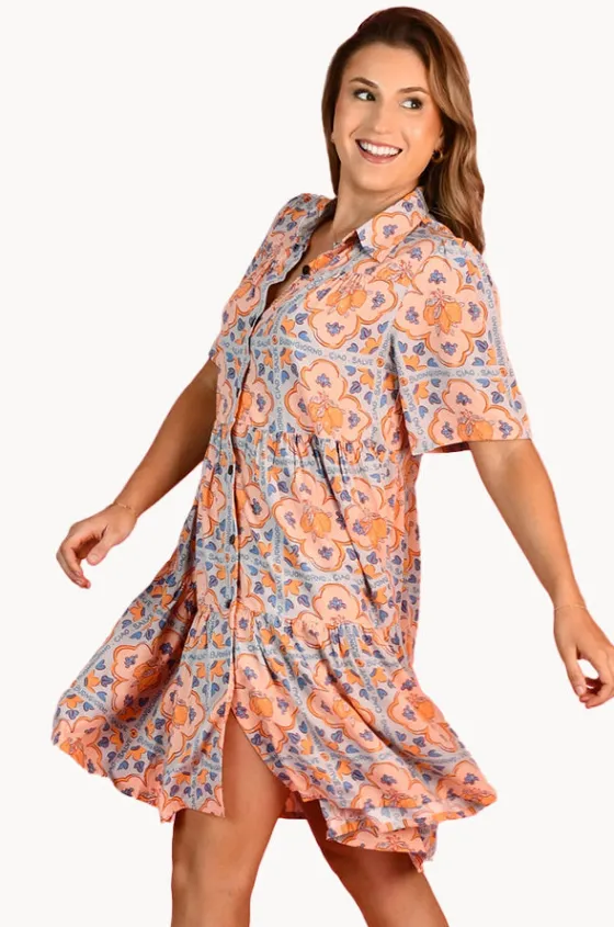 Dresses^Go Girl Lemon Tile Victoria Button Dress Blue/yellow