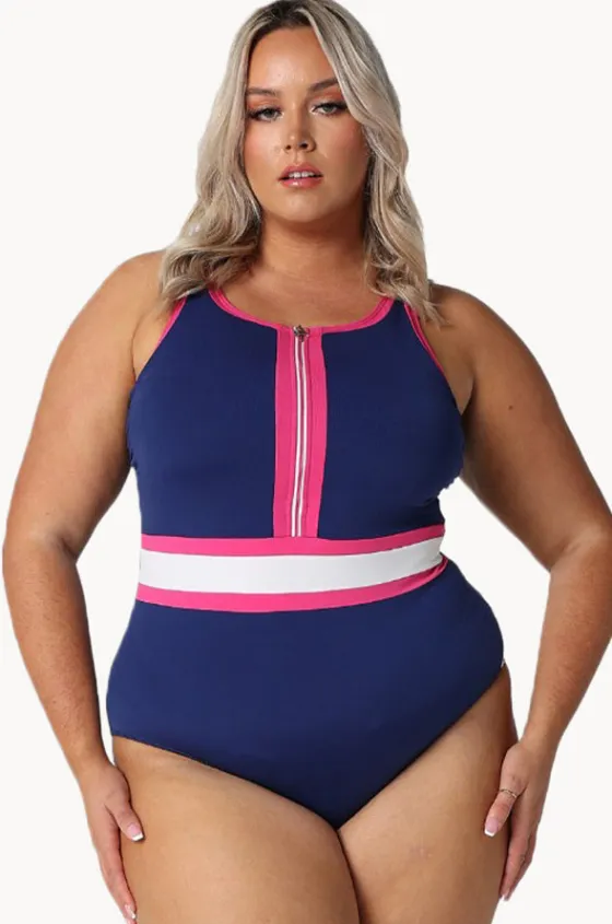 One Pieces^Capriosca Luxe Sport Zip High Neck One Piece Navy/Pink