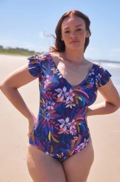 One Pieces^Capriosca Majorca Frill V Neck One Piece Purple/multi