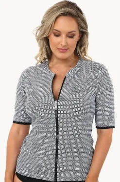 Rashies & Sunsuits^Babes In The Shade Mamiko Short Sleeve Zip Suntop Black/white