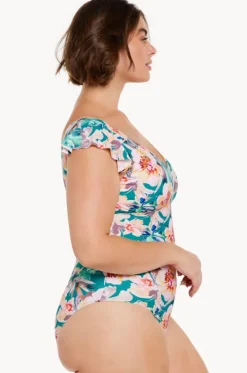 One Pieces^Capriosca Maui Frill Sleeve V Neck One Piece Pink/green