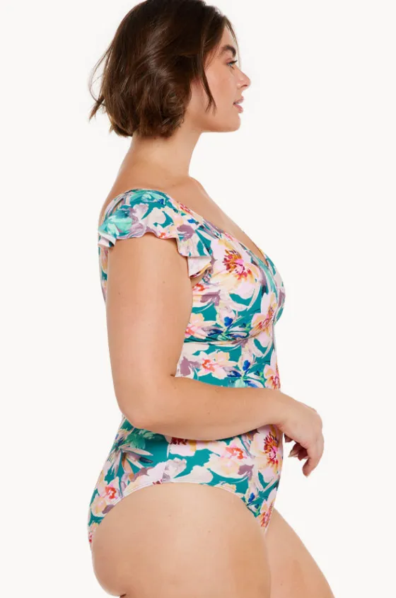 One Pieces^Capriosca Maui Frill Sleeve V Neck One Piece Pink/green