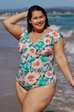 One Pieces^Capriosca Maui Frill Sleeve V Neck One Piece Pink/green