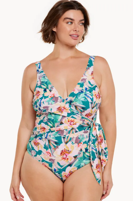 One Pieces^Capriosca Maui Tie Cross Over One Piece Pink/Green