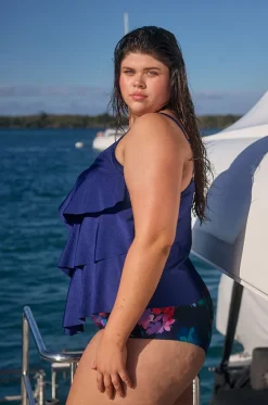 Tankini Tops^Capriosca Metallic Tiered Frill Tankini Separate Navy