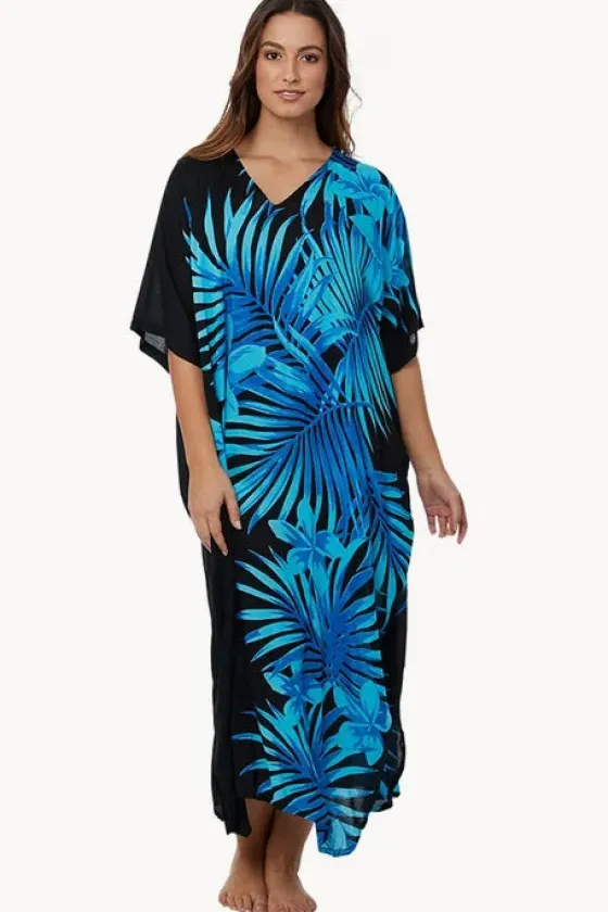 Overswim^Sundrenched Palm Frond Long Kaftan Blue