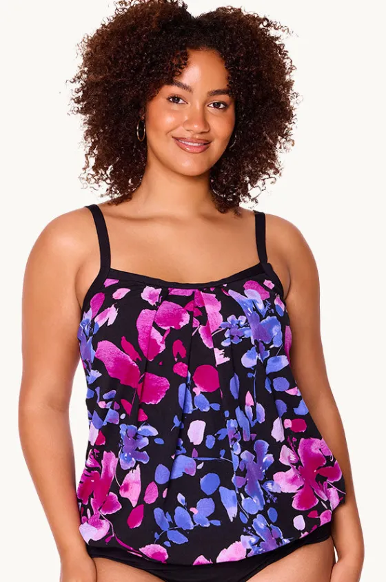 Tankini Tops^Genevieve Paper Flowers Blouson Tankini Separate Black/purple