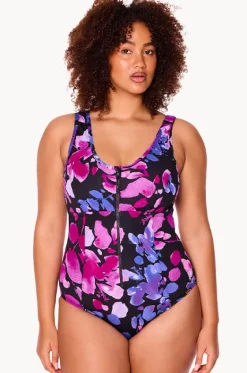 One Pieces^Genevieve Paper Flowers Zip Front One Piece Black/purple