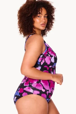 One Pieces^Genevieve Paper Flowers Zip Front One Piece Black/purple