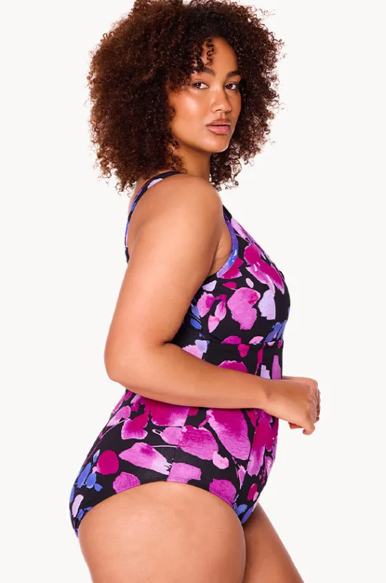 One Pieces^Genevieve Paper Flowers Zip Front One Piece Black/purple