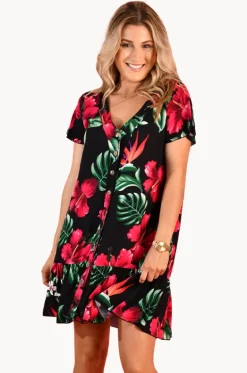 Dresses^Go Girl Pink Hibiscus Cap Sleeve Button Dress Black/multi