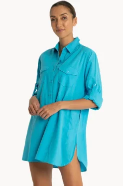 Overswim^Sunseeker Plain Button Through Shirt Blue