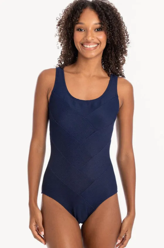 One Pieces^Togs Swimwear Plain Textured Round Neck One Piece Navy