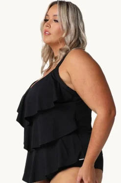 Tankini Tops^Capriosca Plain Tiered Frill Tankini Separate Black