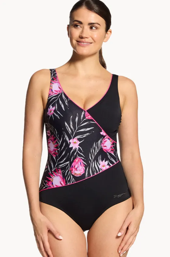 One Pieces^Zoggs Safari Leaf Wrap Front One Piece Black/pink