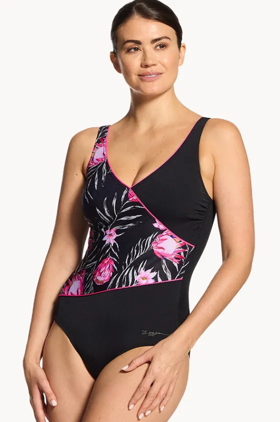 One Pieces^Zoggs Safari Leaf Wrap Front One Piece Black/pink