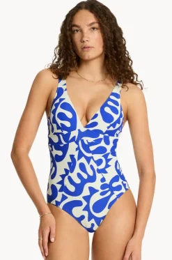 One Pieces^Sea Level Seascape Scoop Back Panel Line One Piece Blue