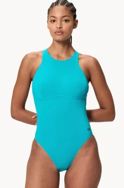 One Pieces^Speedo Solid Racerback Zip One Piece Blue