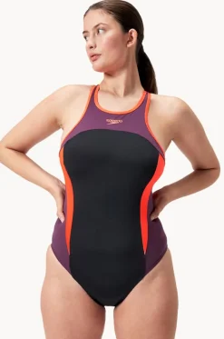 One Pieces^Speedo Splice Cross Back High Neck One Piece Black/Red
