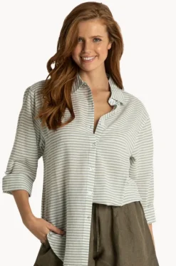 Tops^Sunseeker Summer Stripe Boyfriend Shirt Khaki