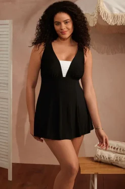 One Pieces^Longitude Texture Luxe Plunge Swim Dress Black/White