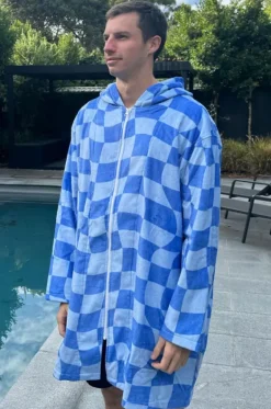 Towel Robes & Ponchos|Towel Robes & Ponchos^Back Beach Co Tidal Checker Hooded Towelling Robe M/L Blue