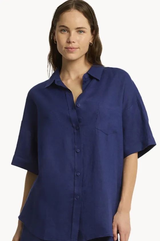 Tops^Sea Level Tidal Linen Aloha Shirt French navy