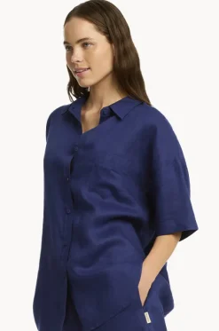Tops^Sea Level Tidal Linen Aloha Shirt French navy
