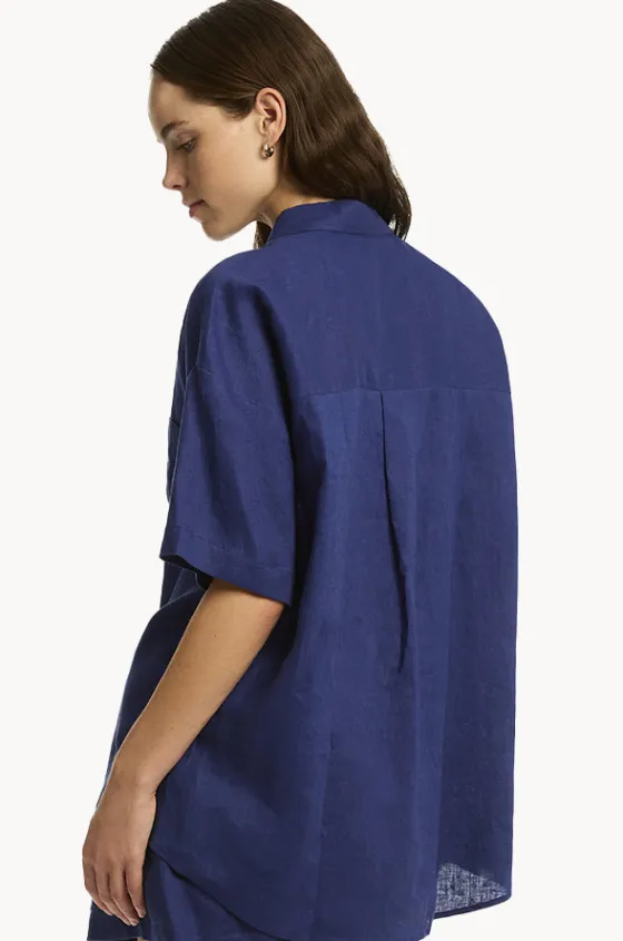 Tops^Sea Level Tidal Linen Aloha Shirt French navy