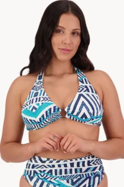 Bikini Tops^Moontide Tribal Geo DD/E Cup Ring Halter White/Blue