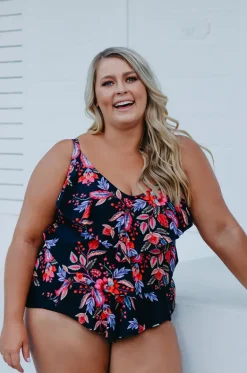 Tankini Tops^Capriosca Wild Berries Tiered Tankini Separate Black/red